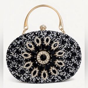 Ramla Date Night Embellished Clutch Evening Bag Black/Gold Chain/Top Handle NWT